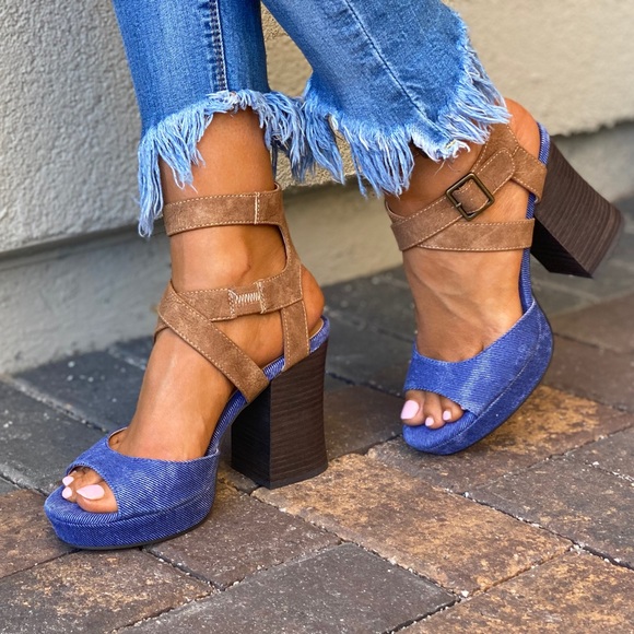 Denim/Tan Color Block Chunky Heel Platform Sandal - Picture 4 of 13